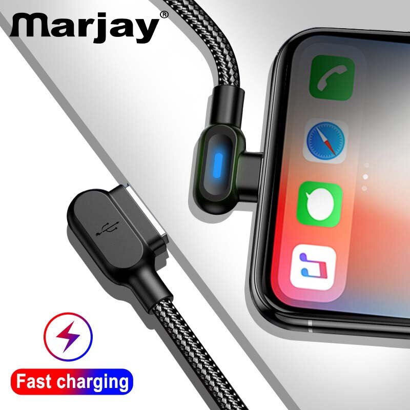 Marjay-micro usb cabo tipo c, 90 graus, 1m, 2m, carregamento rápido, led, para samsung, xiaomi, huawei, android