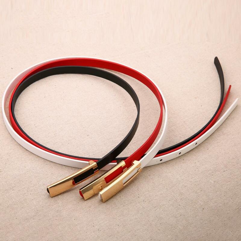 Metal Buckle Women Thin Belt  Faux Leather Wild Waistband Black White Red Strap Dress Accessories