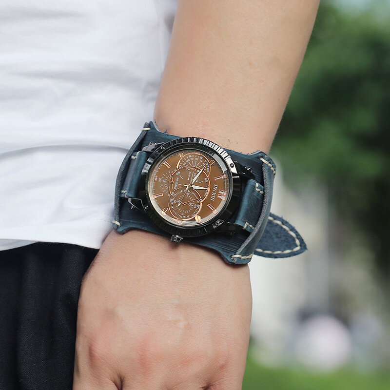 New Fashion Men's Watches Luxury Big Dial Quartz Lovers Watch Wide Genuine Leather Punk Bracelet Sport Wristwatch Men Gift