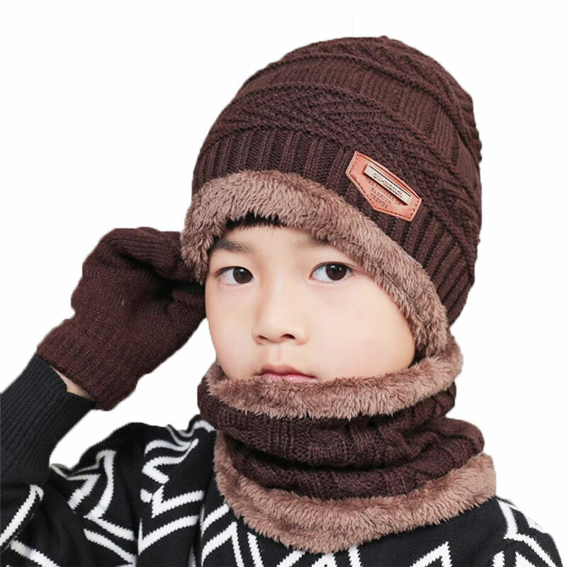 2019 bambino inverno lavorato a maglia cappello e sciarpa guanti Set ragazzo ragazze caldo cappello di peluche 3 pezzi Set bambini nuovo berretto da sci all'aperto sciarpe solido