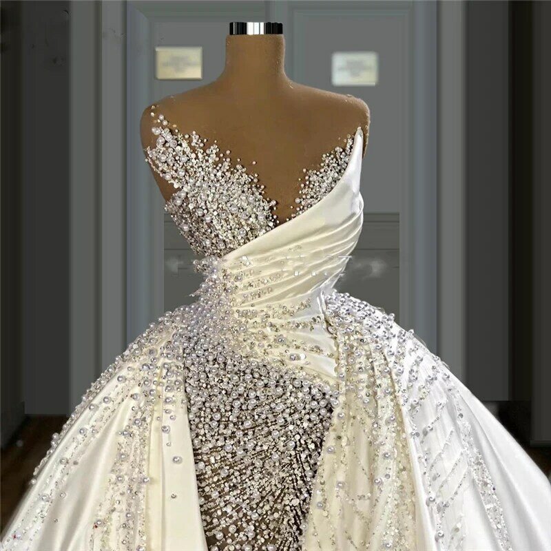 Główne perły długa suknia ślubna luksusowe suknie ślubne modne dekolt w szpic bez ramiączek suknia elegancka zdejmowana spódnica suknia dla panny młodej