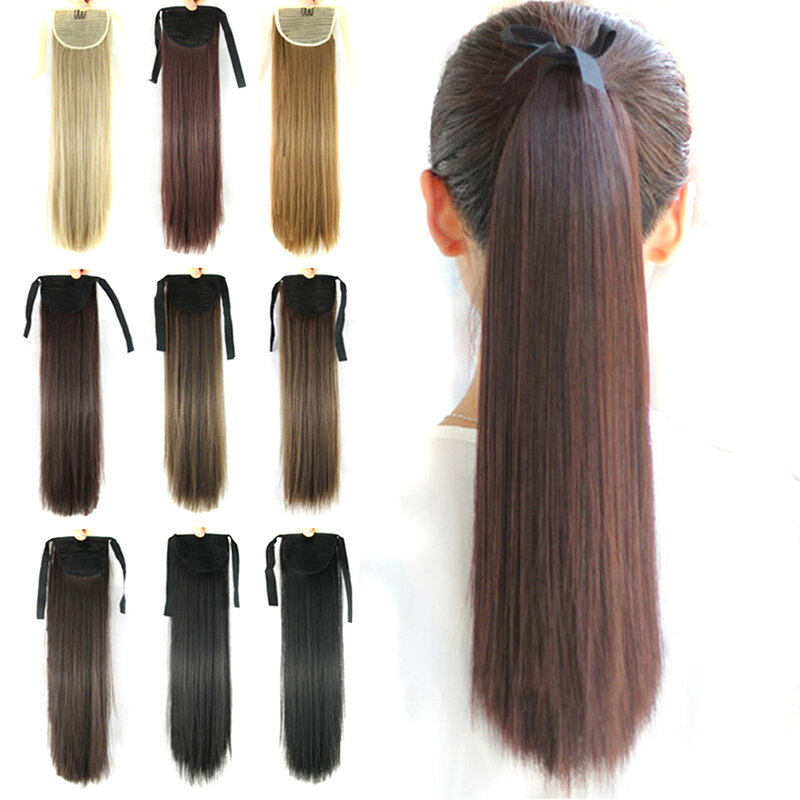 Soowee-coleta de fibra sintética para mujer, extensiones de cabello largo y liso con cordón, de alta temperatura