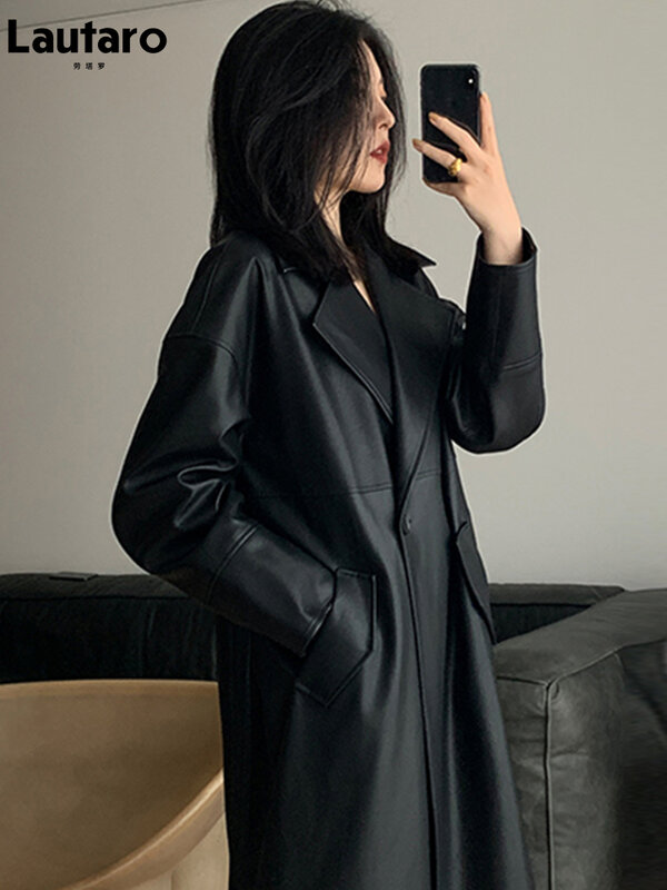 Lautaro-gabardina larga de cuero negro para mujer, abrigo holgado de gran tamaño con un solo botón, a la moda coreana, primavera y otoño, 2021