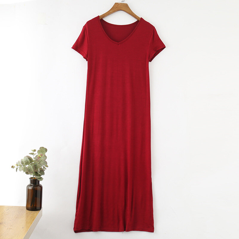 Casual V Neck Ladies Nightshirt New Modal Summer Short Sleeve Night Dress Lounge Home Wear Nightgowns For Women Long Dresses