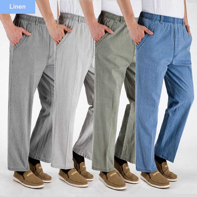 Pants Men Cotton Linen Trousers Summer JoggersCasual Male Solid Elastic Waist Straight Loose Sports Running Pants Plus Size 5XL