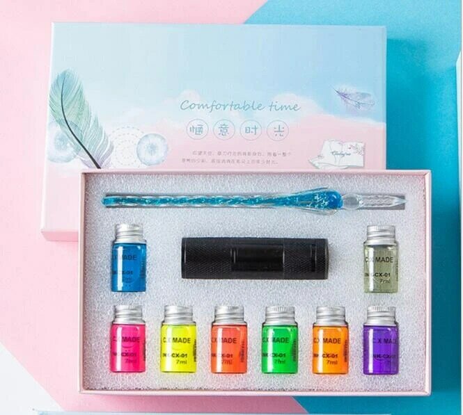 Alta luz fluorescência tinta caneta de vidro caixa de presente invisível cor tinta dip caneta com tocha uv caixa de presente