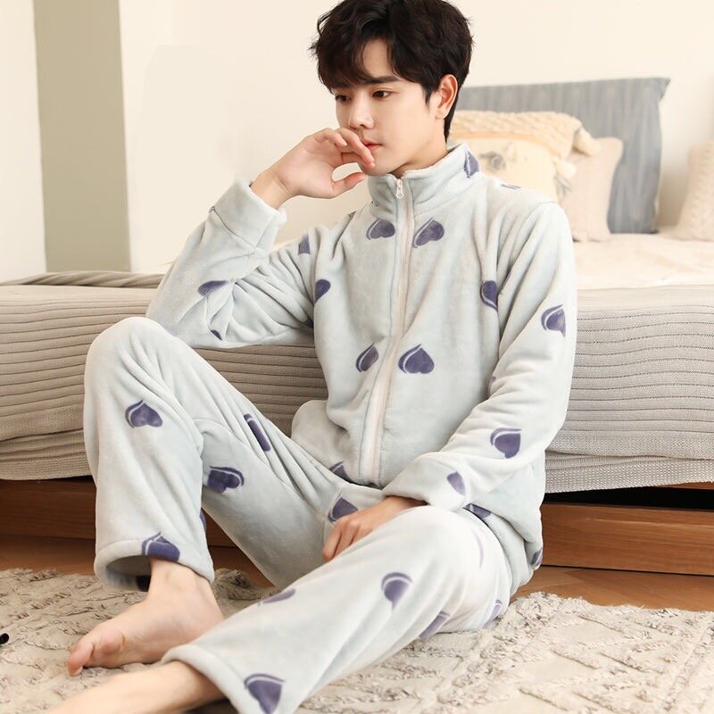 New Fashion Men's Pajamas Set Winter Warm Youth Sleepwear Coral Fleece Home Clothes Long Sleeve Thick Flannel Pyjama