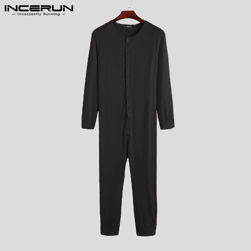 INCERUN 남성용 잠옷 점프수트, 단색 홈웨어, 긴팔, 편안한 버튼, 레저 잠옷, 롬퍼, 나이트웨어 S-5XL