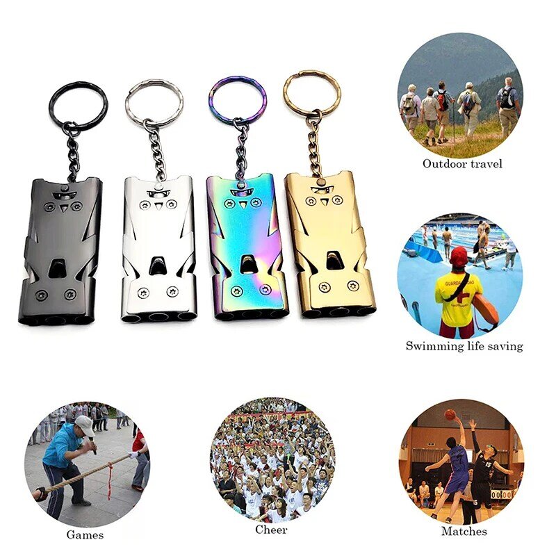 High Decibel Whistle Keychain Stainless Steel Double Pipe Camping Hiking Emergency Survival Whistle Outdoors Tools Portable 2023
