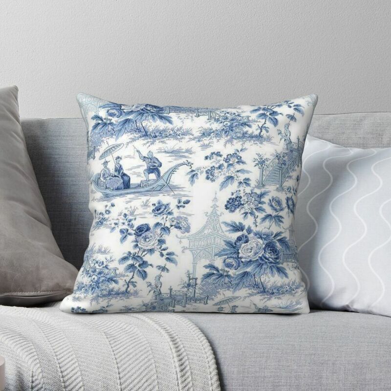 Funda de almohada cuadrada de lino y poliéster, cubierta decorativa de terciopelo con cremallera, color azul polvo, Chinoiserie Toile, 45x45