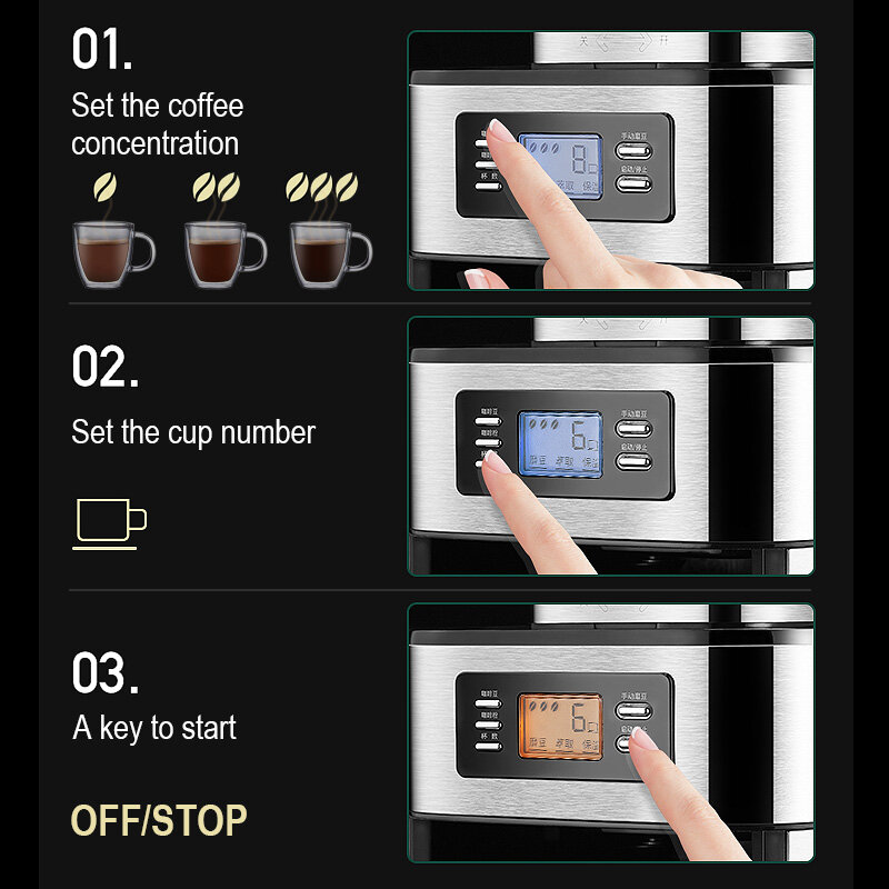 Petrus 자동 커피 기계 가정용 소형 자동, 스테인레스 스틸 블레이드 커피 그라인더 갓 양조 커피 막