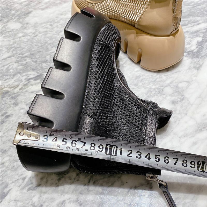 Botines de malla transpirable para mujer, zapatos informales con cordones y cremallera, a la moda, color negro y Beige, novedad de 2021