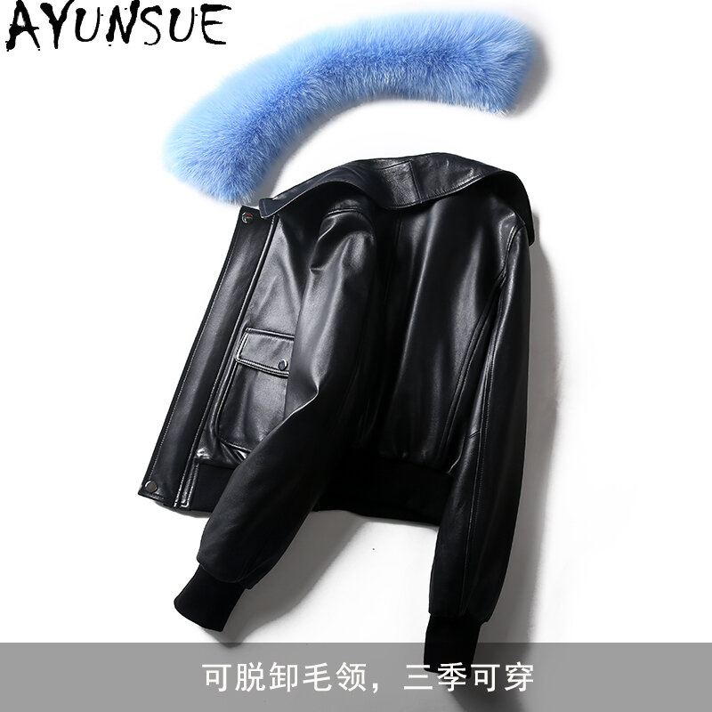 AYUNSUE Real Fox Fur Collar Winter Natural Sheepskin Coat Female 100% Real Genuine Leather Duck Down Jacket Women Clothes 1819-1