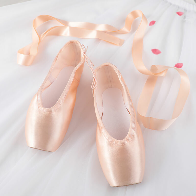 Chaussures à pointe de ballet professionnelles avec semelle en cuir véritable pour femmes, chaussures de ballet en satin avec rubans pour ballerine professionnelle