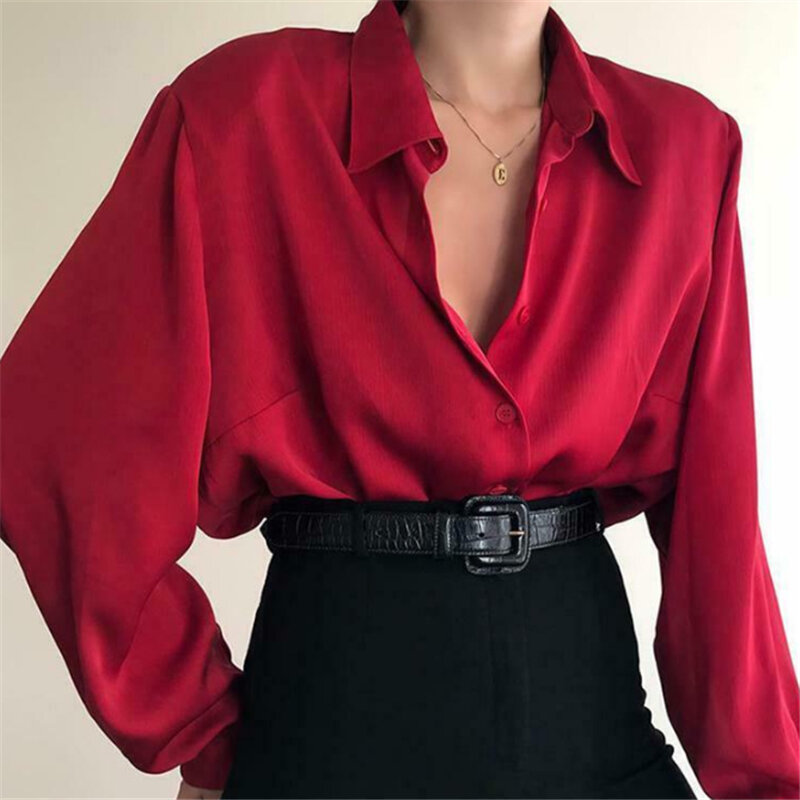 Moda jesień kobiety bluzka koszula Casual Lapel z długim rękawem solidna czarna czerwona damska bluzka dla kobiet Top damski odzież