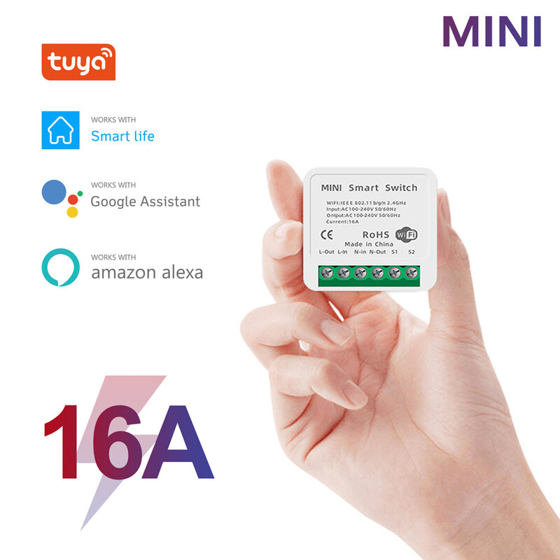 Tuya Wifi Mini Smart Switch Supports 2 Way Control, Smart Home Automation Module with Alexa Google Assistant Smart Life App