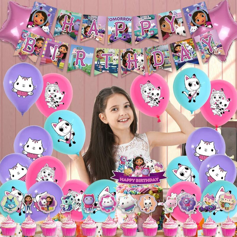 Fancyrumah Boneka Kotak Permen Perlengkapan Pesta Ulang Tahun Gabby Kue Dekorasi Piring Cangkir Spanduk Balon Anak Perempuan Hadiah Pesta Bayi