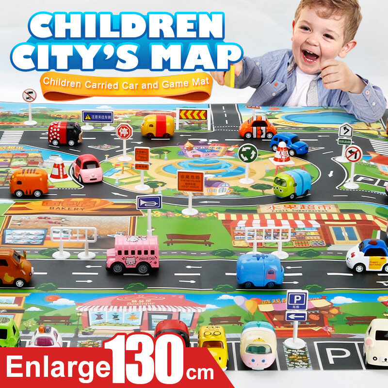 130*100CM Peta Kota Mainan Anak-anak Bermain Karpet Area Mobil Jalan Kota Bangunan Jalan Kota Peta Parkir untuk Anak-anak Interaktif Bermain Mainan Rumah