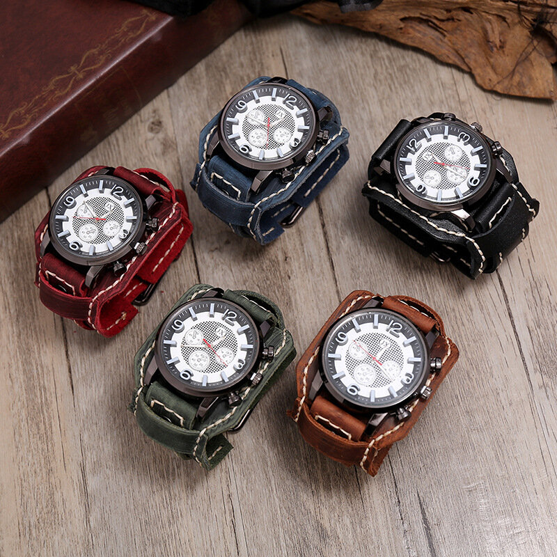Nowe męskie zegarki retro Zegarek z prawdziwej skóry Wide Watchband Fashion Punk Style Quartz Watch For Men 2023 Bransoletki ze skóry bydlęcej