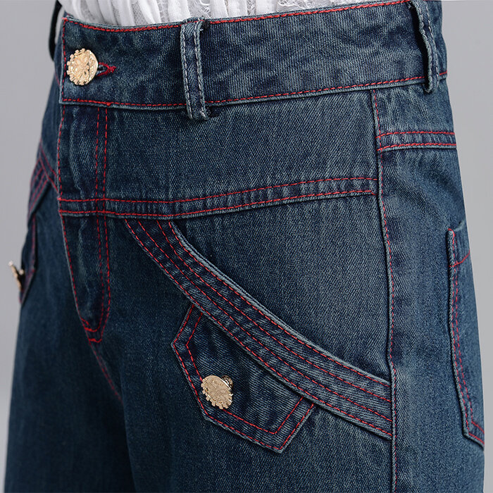 O envio gratuito de 2021 nova moda outono e inverno grosso mais tamanho 26-34 calças largas soltas calças jeans em linha reta bordado