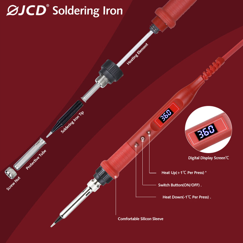 مجموعة لحام الحديد JCD 908U ، إضاءة LCD ، زر متعدد الوظائف ، درجة حرارة قابلة للتعديل ، محطة لحام ، 80 واط ، 47 فولت