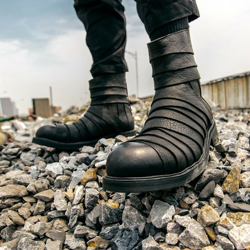 نمط Harajuku جلد فاسق حقيقية تقسم الرجال منتصف العجل الأحذية شخصية مصمم جديد جولة تو عودة زيبر زيادة الأحذية