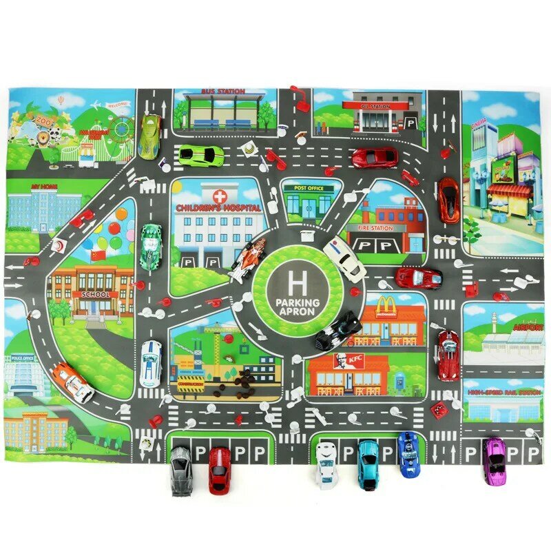 子供用プレイマット83x58cm,アクセサリーは含まれていません,家,道路標識,車のモデル,駐車場,都市のシーンマップ