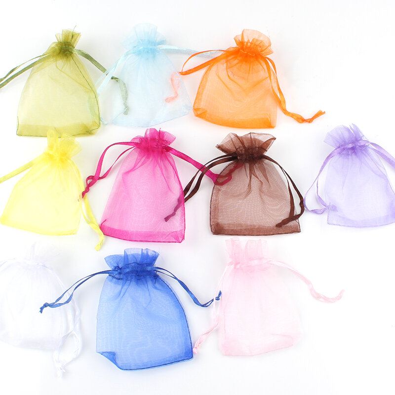 50 sztuk/partia 7x9cm 9x12cm 10x15cm 13x18mm sznurek Organza torby torby do pakowania biżuterii cukierki torby ślubne świąteczne prezenty woreczki