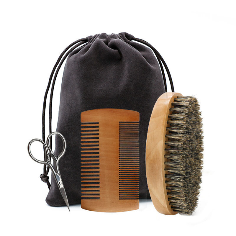 Escova de barba em madeira com cerdas de javali, kit profissional para pentear bigode, com saco de presente