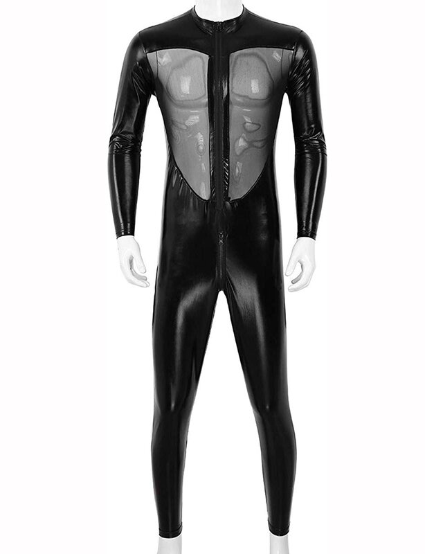 Jumpsuit Clubwear Leotard Bodysuit Leotard Singlet Gulat Jaring Kulit Imitasi Satu Potong untuk Pria