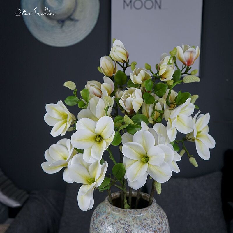 SunMade-rama grande de Magnolia de lujo, Flores blancas, decoración de boda, decoración del hogar, Flores artificiales, Año Nuevo, otoño