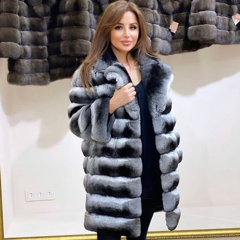 Fur Jacket Natural Rex Rabbit Fur Jacket Women Mid-Length Chinchilla Color Coat Luxury Best Selling