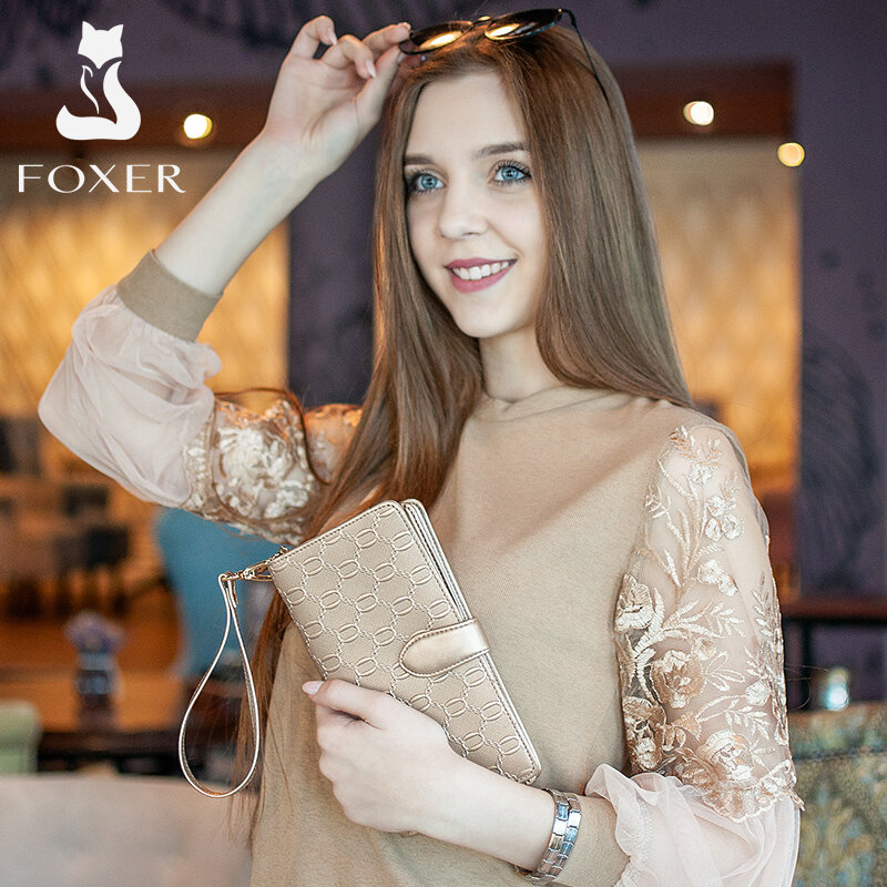 FOXER marka damska długie portfele z bydlęcej skóry damskie kopertówki znany projektant torebki damskie torebki moda kobieta portfel ze skóry bydlęcej