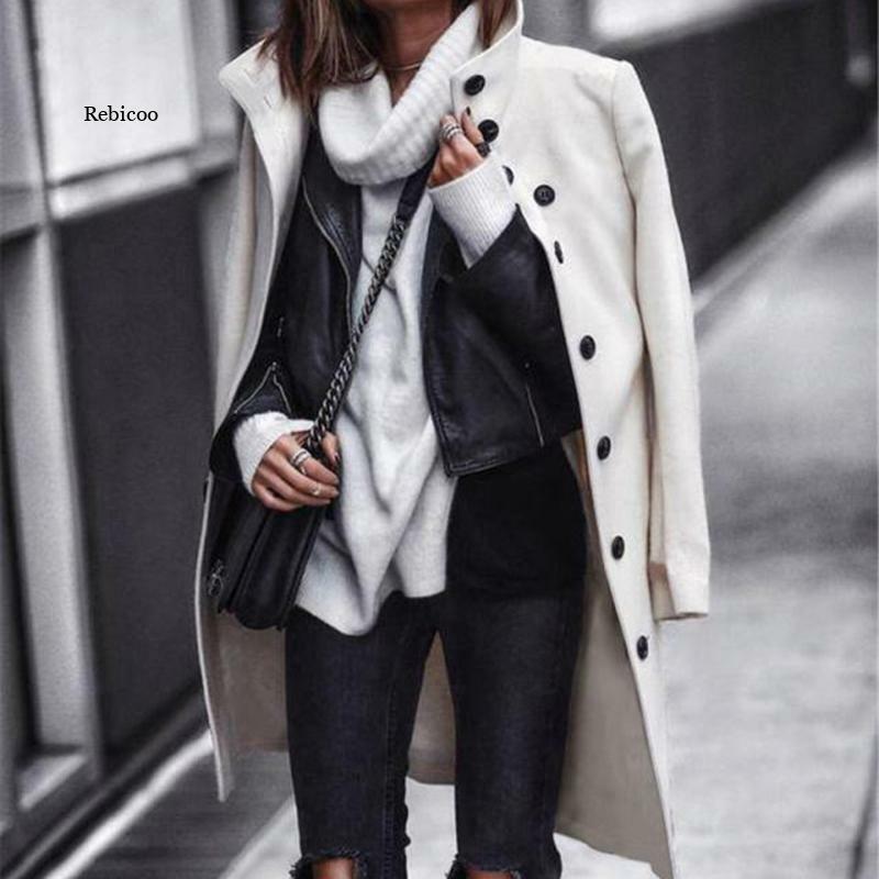 Женское длинное шерстяное пальто, Свободное пальто с отложным воротником и длинным рукавом, Осень-зима