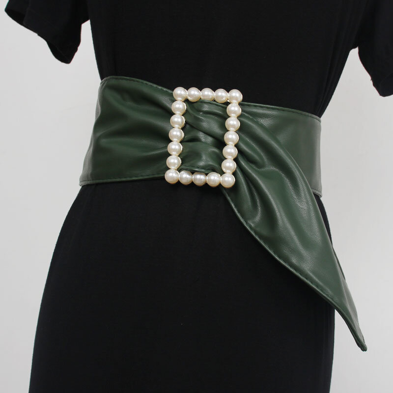 Suéter ancho de cuero Artificial para mujer, cinturón de moda con perlas decorativas con incrustaciones de botones cuadrados para las cuatro estaciones, nuevo diseño