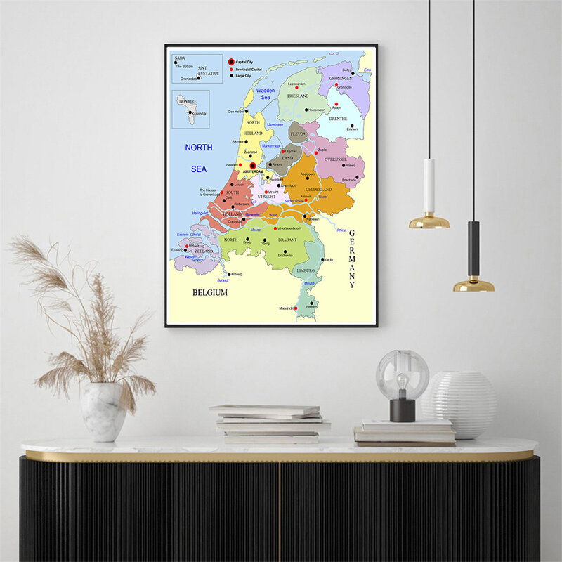 42*59cm 네덜란드 Netherlands 드지도 장식 캔버스 회화 벽 포스터 여행 학교 용품 거실 홈 장식