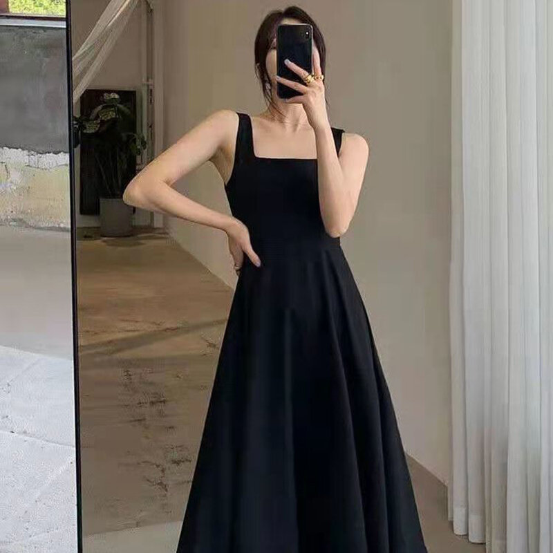 Vestido negro sin mangas para mujer, ropa elegante de moda coreana, verano 2022