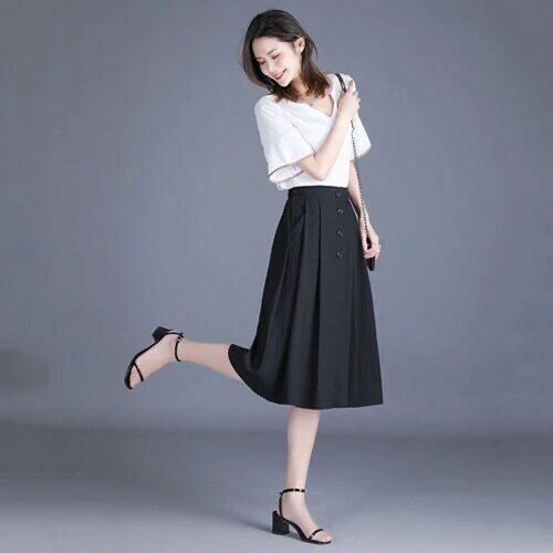 Falda de cintura elástica para mujer, falda de línea A de cintura alta, Color sólido, plisada grande, ocio, novedad de primavera y verano