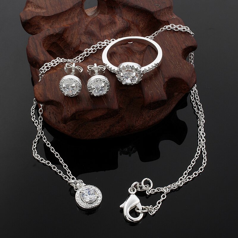 925 Conjunto de jóias em prata esterlina para mulheres, fofo, sólido, nobre, elegante, brilhante cristal cz, colar, brinco, anel, presente de natal
