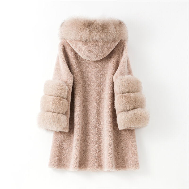Aorice Women Real Fox Fur Collar Hood Jacket Coat Female Wool Fur Long Parka Plus Size Coats Jackets H215