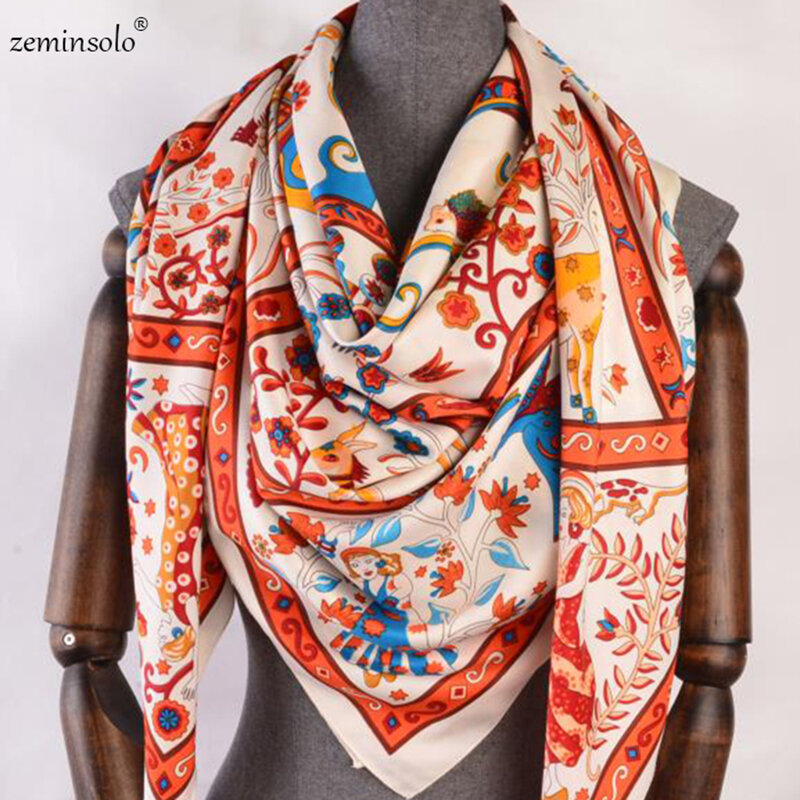Bufanda de seda de sarga para mujer, pañuelo con estampado colgante, grande, cuadrado, Poncho, 130x130cm, nueva marca, 2021