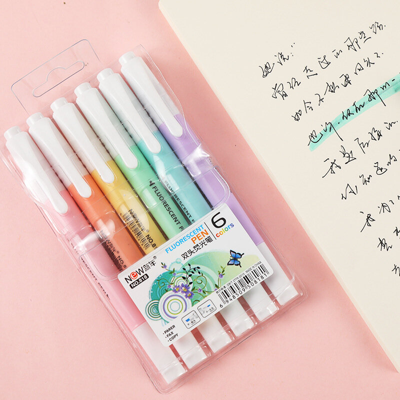 6 pçs/set cabeça dupla fluorescente highlighter caneta marcadores pastel desenho caneta para material de escritório escola estudante bonito papelaria