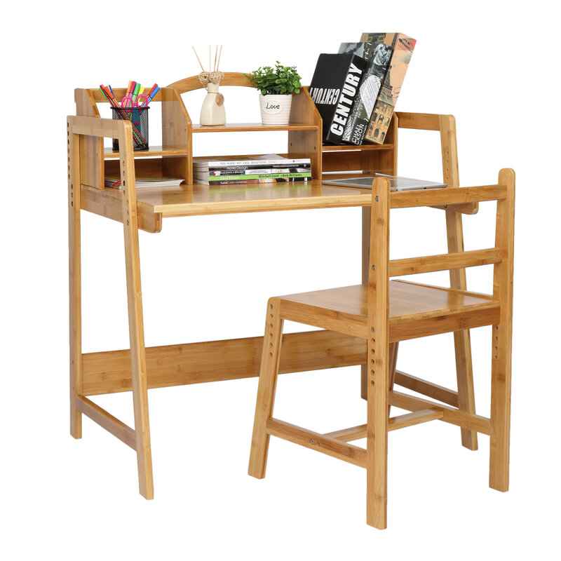 80x50x95CM Study Desk And Chair Nan Bamboo Adjustable Height Student Table Chair Set W/Bookshelf Log Color[US-Stock]