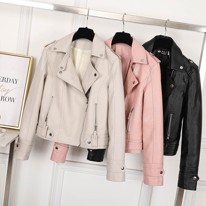 Jaket kulit PU untuk wanita, jaket kulit imitasi jalanan ramping pendek musim semi musim gugur