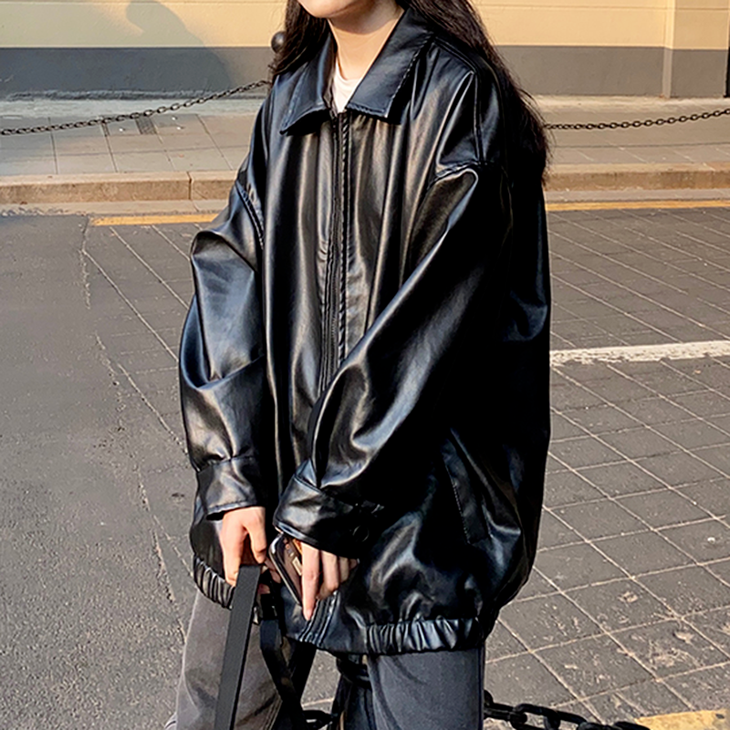 Корейская черная кожаная куртка, женская зимняя длинная мотоциклетная байкерская куртка на молнии, уличная одежда в стиле Харадзюку Y2K, свободное Женское пальто 2023