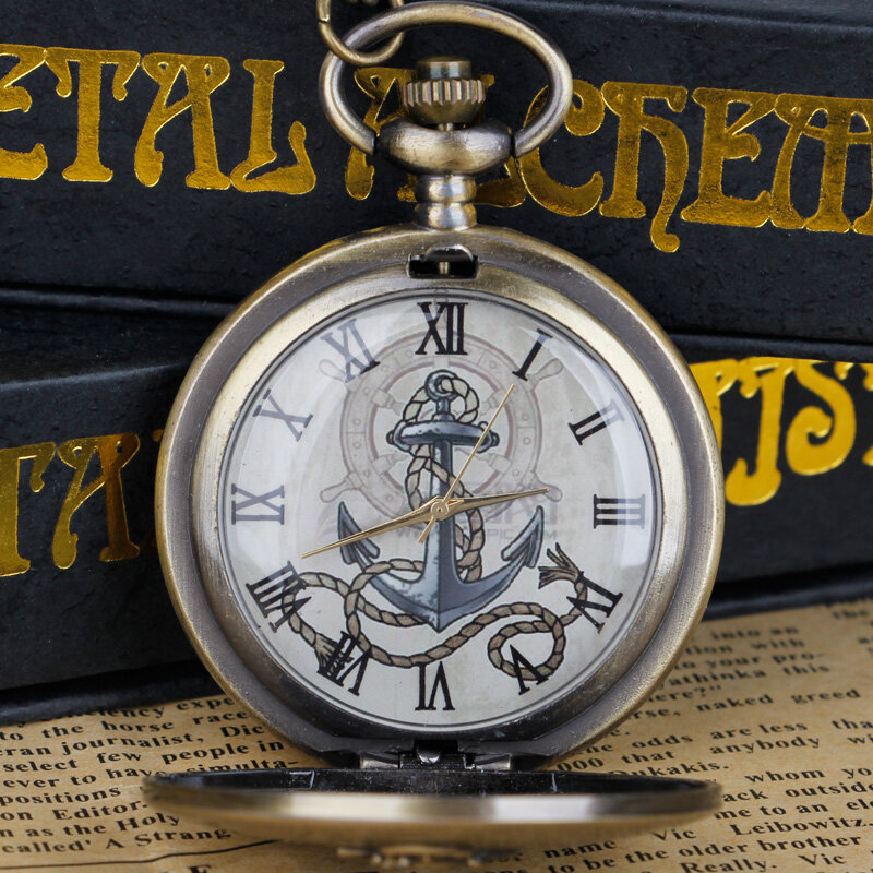 Jam tangan saku kuarsa jam tangan pria kasual rantai kalung antik laut pola jangkar hadiah