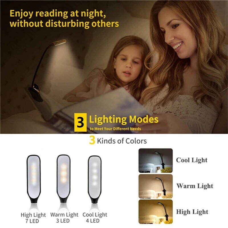 USB recarregável ajustável LED Book Light, Gooseneck Clip, 7 LEDs, Flexível noite leitura Desk Lamp, Luz de leitura de mesa