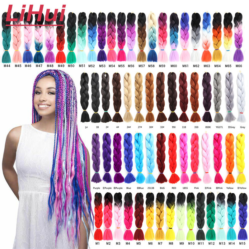 Lihui-Extensión de cabello trenzado sintético Jumbo para mujer, 24 pulgadas, trenzas de pelo DIY, color rosa, Morado, amarillo y gris