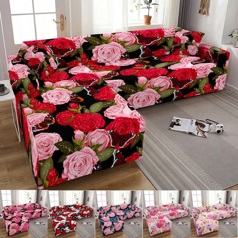 Housse extensible pour canapé 2/3/4 places, pour salon, compatible avec canapé d'angle, motif de roses
