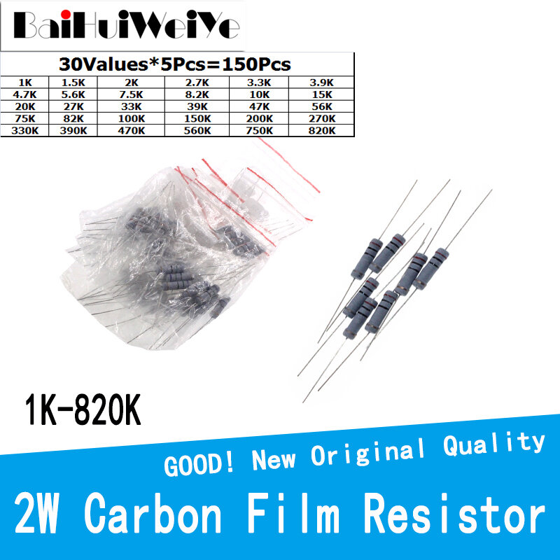 Kit de película de carbono resistente, 150 piezas/LOTE, 2W, 5%, 30 valores x 5 piezas, K ohm a 820 1K, 3,3 K, 4,7 K, 5,6 K, 330K, 470K, 560K, 750K, 47K